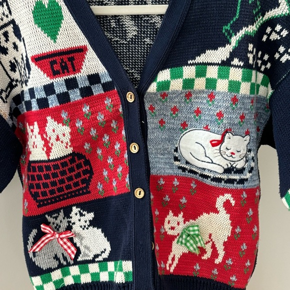 Vintage 90s Sweater Loft Cat Lover Cardigan Sweater Size Medium Petite - Picture 2 of 11